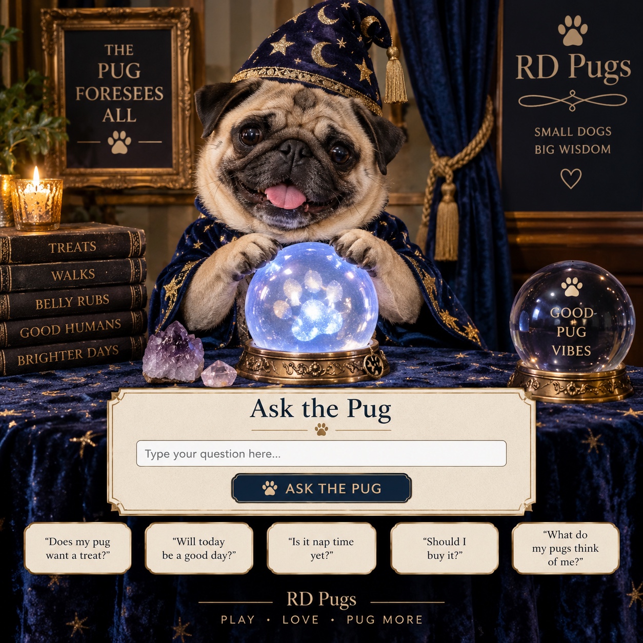A cheerful fawn pug dressed as a fortune teller behind a glowing crystal ball
